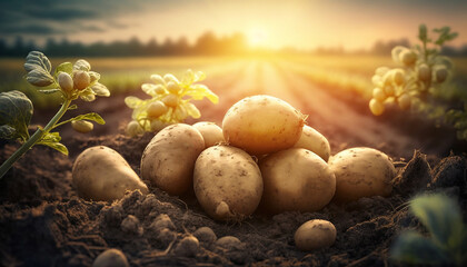 Potato harvest in the garden. Generative AI. - obrazy, fototapety, plakaty