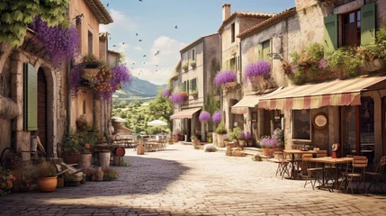 Fototapeten a charming village square in a Provencal town, with lavender fields, cobblestone streets, and the timeless charm © ra0