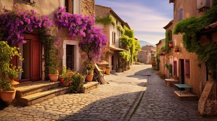 Fototapeta na wymiar a charming village square in a Provencal town, with lavender fields, cobblestone streets, and the timeless charm