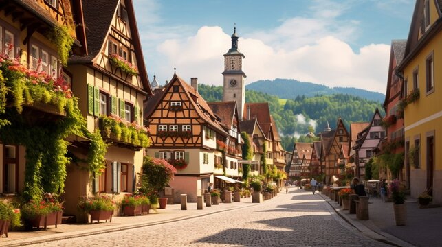 a charming village square in a Bavarian town, with timber-framed buildings, flower-filled balconies, and the cozy charm
