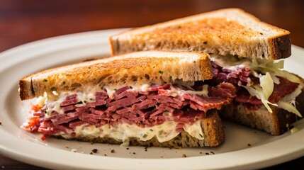 A classic Reuben sandwich, packed with tender corned beef - obrazy, fototapety, plakaty