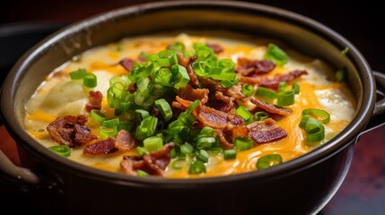 A close-up of a hearty, loaded baked potato soup with bacon