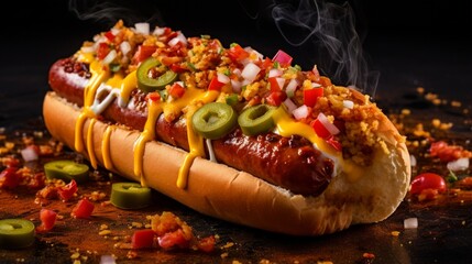 A close-up of a loaded chili cheese hot dog, oozing with savory toppings