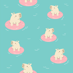 Seamless pattern with cute swimming capybaras