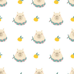 Seamless pattern with cute capybaras in neckpieces and oranges