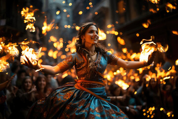 Dynamic Diwali dance performance. Cultural expression through dance.
