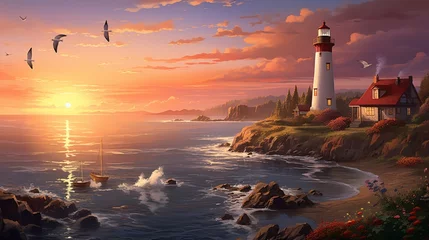  a coastal village at sunset, with lighthouses, seagulls, and the serene beauty of maritime evenings © ra0