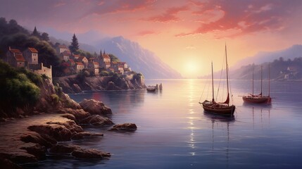 a coastal village at dawn, with fishing boats setting out to sea, pastel skies, and the tranquil beauty of early morning
