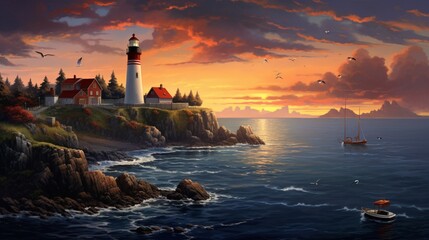 a coastal village at sunset, with lighthouses, seagulls, and the serene beauty of maritime evenings