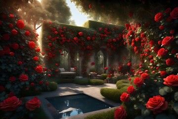 3D rendering of a garden filled with vibrant red roses in full bloom. Highlight the intricate details of the petals and the romantic atmosphere they create