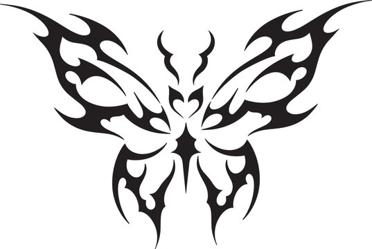 Neo tribal y2k tattoo butterfly shape. Cyber sigilism style hand drawn ornaments. Vector illustration of black gothic tribal tattoo designs. Isolated vector 