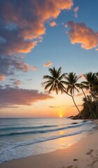 Fototapeta na wymiar beach with palms, palm trees on the beach, sunset on the beach, fantastic beach scene