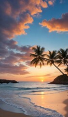 Fototapeta na wymiar beach with palms, palm trees on the beach, sunset on the beach, fantastic beach scene