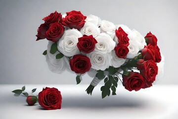  3D scene of a bridal bouquet featuring a red rose on a clean white background. Highlight the simplicity and purity of the white backdrop contrasting with the vibrant red bloom