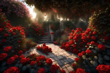 3D rendering of a garden filled with vibrant red roses in full bloom. Highlight the intricate details of the petals and the romantic atmosphere they create