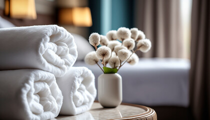 Fototapeta na wymiar Rolled clean fresh cotton white towels indoors in a hotel. Generative AI,