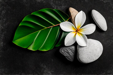 Green leaf with frangipani flower on stones, spa background with copy space. Generative AI,