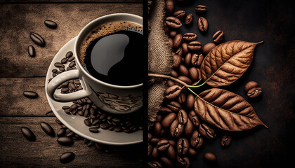 coffee cup next to the image of coffee beans. Generative AI,