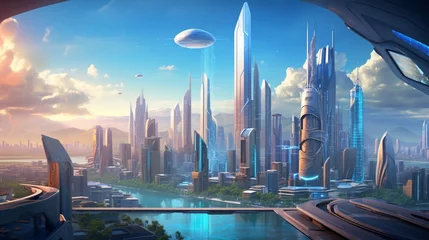 Cercles muraux Skyline A futuristic city skyline with sleek, glass-walled buildings and holographic billboards