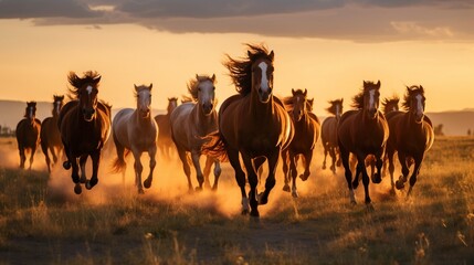 Fototapeta na wymiar A graceful herd of wild horses galloping freely through a sun-kissed meadow