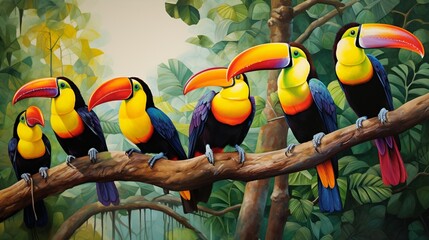 A group of colorful toucans perched on a branch, their beaks vibrant