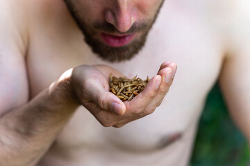 Man eating mealworms, concept of survivalism and alternative diet. Selective focus - Powered by Adobe