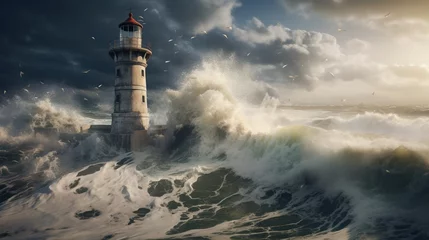 Foto op Aluminium A historic lighthouse standing tall against crashing waves on the waterfront © ra0