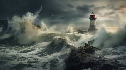 A historic lighthouse standing tall against crashing waves on the waterfront - obrazy, fototapety, plakaty