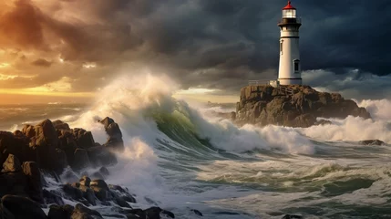 Poster A historic lighthouse standing tall against crashing waves on the waterfront © ra0