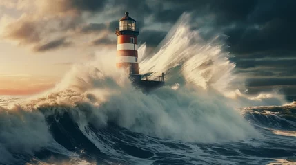 Foto op Canvas A historic lighthouse standing tall against crashing waves on the waterfront © ra0