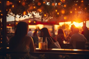 A captivating scene unfolds as the sun sets, casting a warm, ambient glow over a bustling cafe, where people chat and unwind, enveloped in the soft, blurred bokeh of urban twilight.