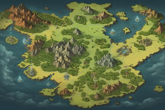 Explore the enchanting details of a fantasy island on this fictional map for a computer game, brimming with hidden treasures and a captivating fairy tale atmosphere.