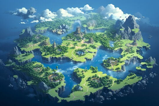 Embark on a virtual journey through a whimsical world with this fictional map for a computer game, unveiling a treasure-filled island immersed in a spellbinding fairy tale landscape.