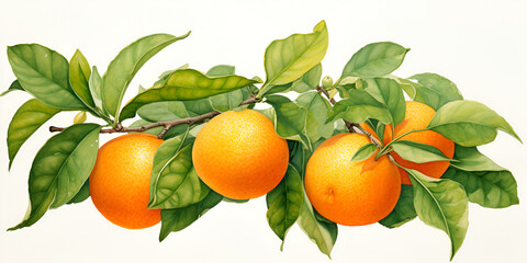 Waterloo illustration of fresh mandarins with green leaves isolated on white background