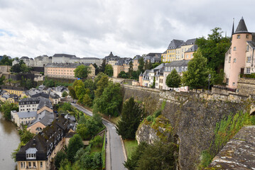 Fototapeta na wymiar Alzette River, and Cityscape Panorama of Old Town, Luxembourg