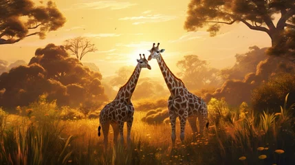 Fototapeten A pair of elegant giraffes gracefully grazing on lush, sunlit grasslands © ra0