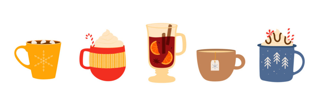 Set of hot winter drinks. Cups with warm drinks. Vector illustration