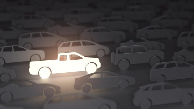 Choosing a car, rent a car, lease a car concept.  Glowing SUV car  in a rows of cars of others types.  3d  video animation
