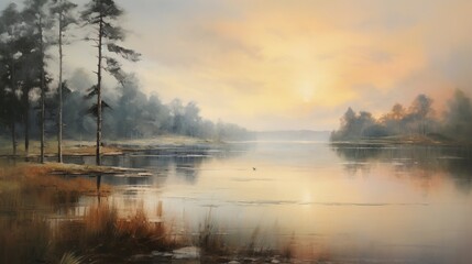 Fototapeta na wymiar a peaceful lakeside at dawn, with mist rising from the calm water and the first light of day painting the landscape