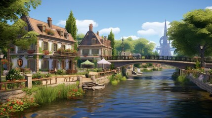 Fototapeta na wymiar a picturesque village along a tranquil river, with historic bridges, weeping willows, and the timeless beauty of riverside living