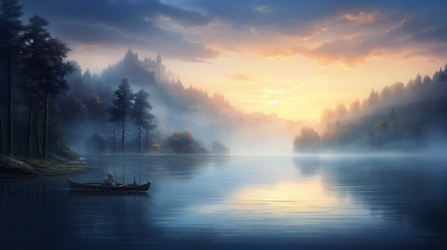 a peaceful lakeside at dawn, with mist rising from the calm water and the first light of day painting the landscape