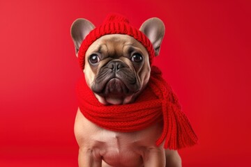 Cute French BullDog in a Red Hat and Scarf on a Red Background with Space for Copy