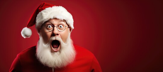 Shocked Santa Claus on a Red Banner with Space for Copy - obrazy, fototapety, plakaty