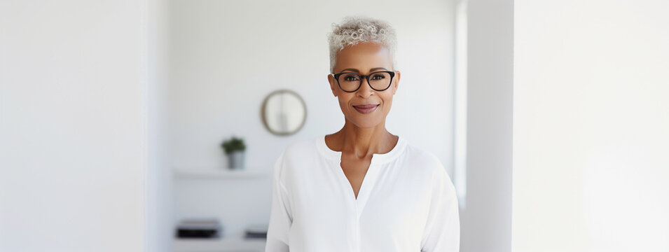 Lifestyle Portrait Of Mature Black Woman With Short White Hair And Glasses Standing In Bright Modern Home Interior