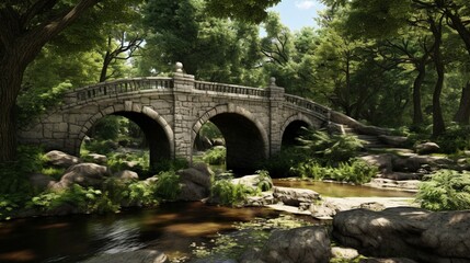 Fototapeta na wymiar A pristine park with a tranquil pond and elegant stone bridges