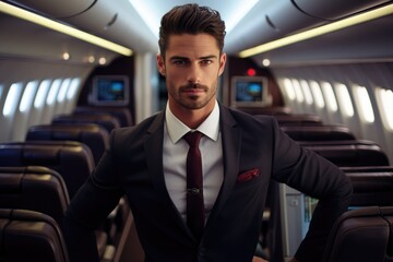 Smiling male flight attendant portrait standing in plane. Generative AI