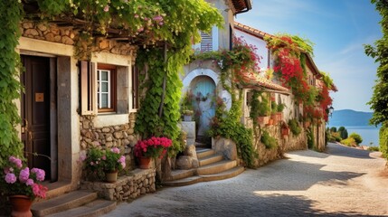 Fototapeta na wymiar A quiet cobblestone street in a quaint village, lined with charming cottages and ivy-covered walls