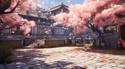 A quiet courtyard filled with blooming cherry blossoms