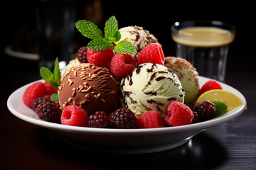 bowl with delicious vanilla ice cream with strawberries and chocolate on black background, closeup