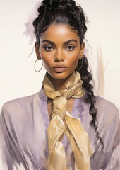 A sketch of a dark-skinned Fashion Week model, liner, watercolor, pastel blue, yellow, lilac color.